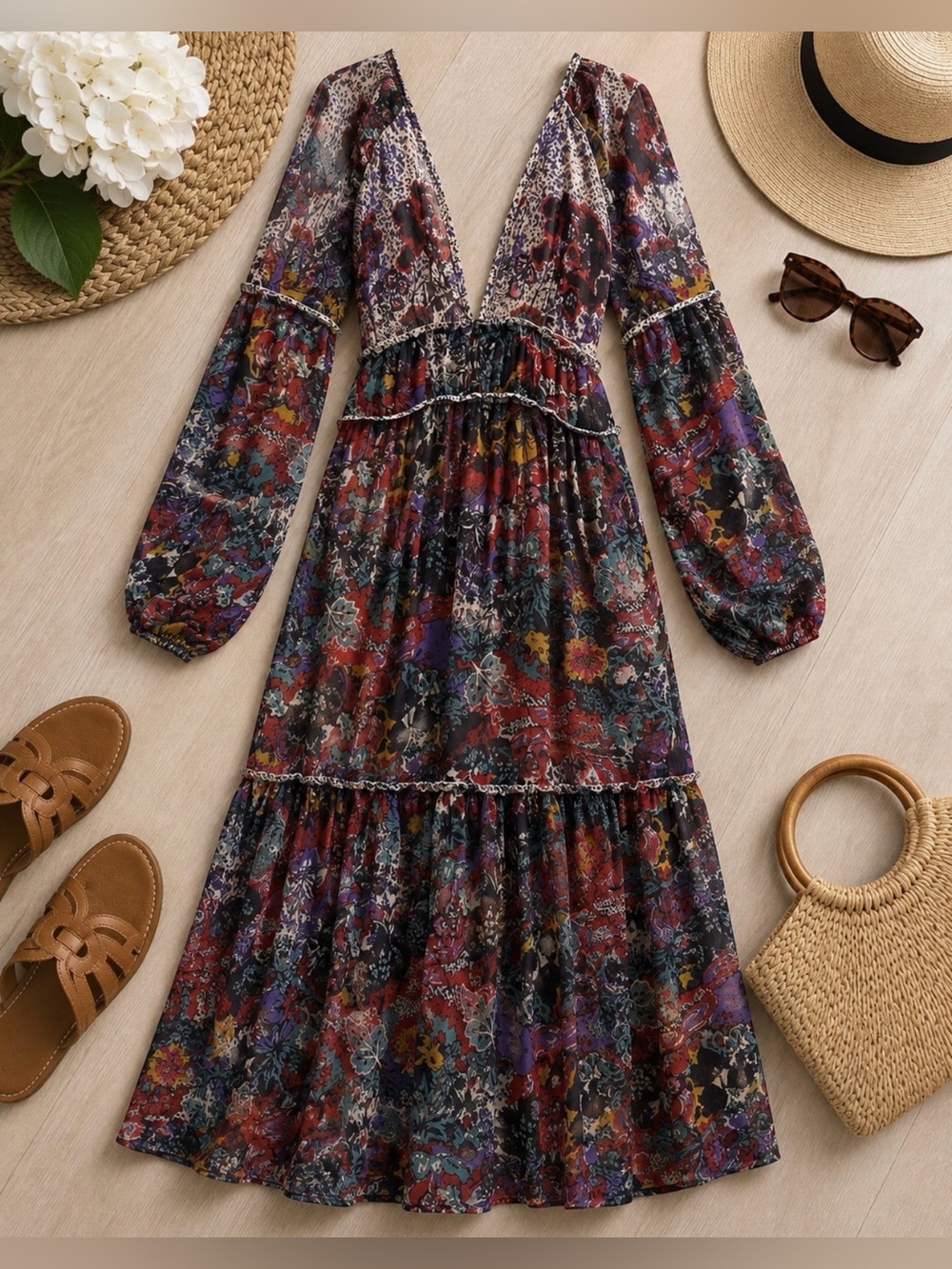 Maeve Anthropologie boho Long Sleeve Sundress v neckline size 4